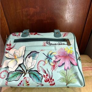 Anuschka Blue Floral Satchel with Red and Pink Accents